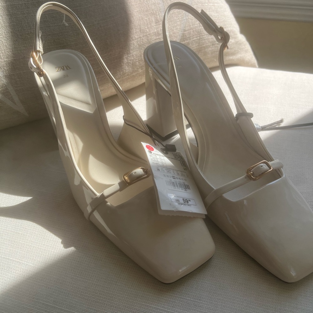 Zara Beige Block Heel Slingbacks